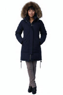 Women’s navy parka-style down coat, large fur hood trim, zip front and drawstrings