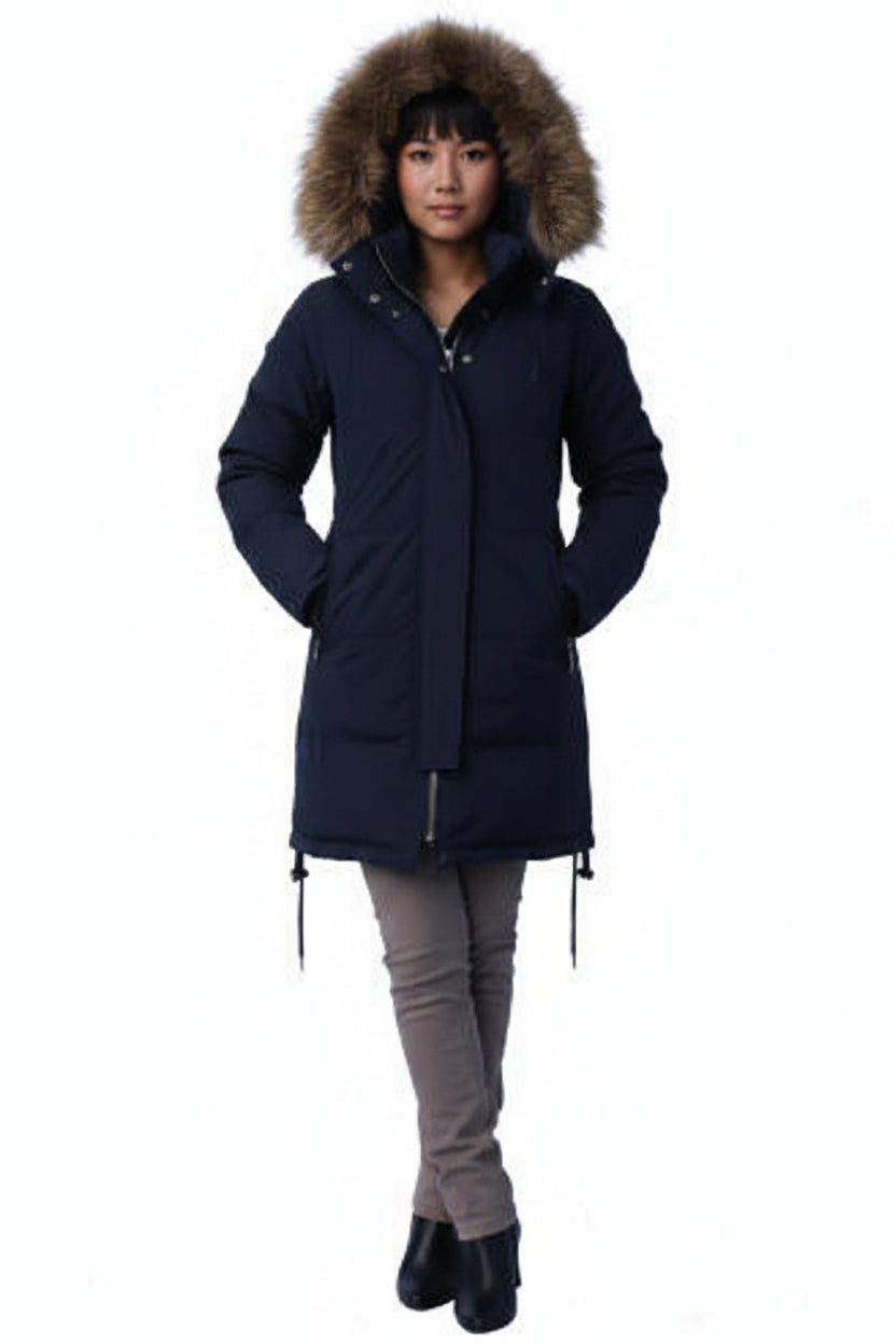 Women’s navy parka-style down coat, large fur hood trim, zip front and drawstrings