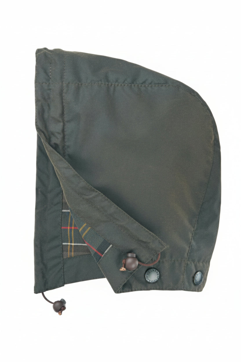 Barbour olive hood with front closure and adjustable drawcords