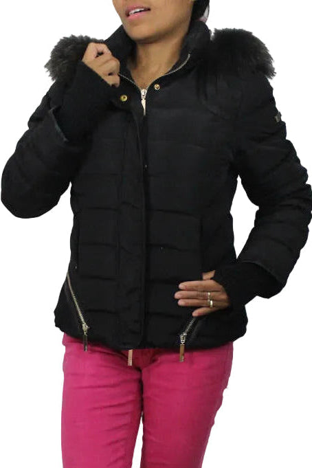 Ladies black padded jacket with faux-fur collar, zip front, gold button detail