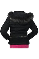 Ladies black down-padded jacket with faux-fur hood and zip front