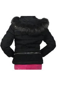 Ladies black down-padded jacket with faux-fur hood and zip front