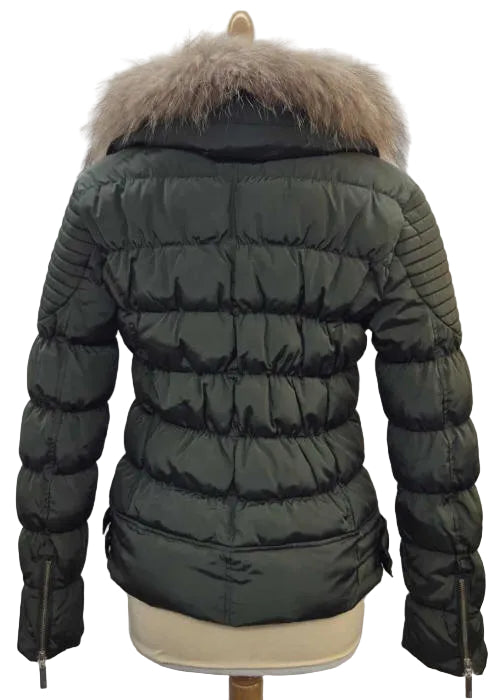 Ladies forest green padded jacket with detachable faux fur hood, full zip and pockets