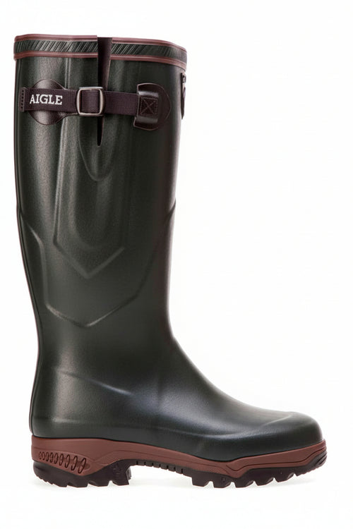 Aigle tall rubber wellington boot with buckle strap, dark green and brown outsole