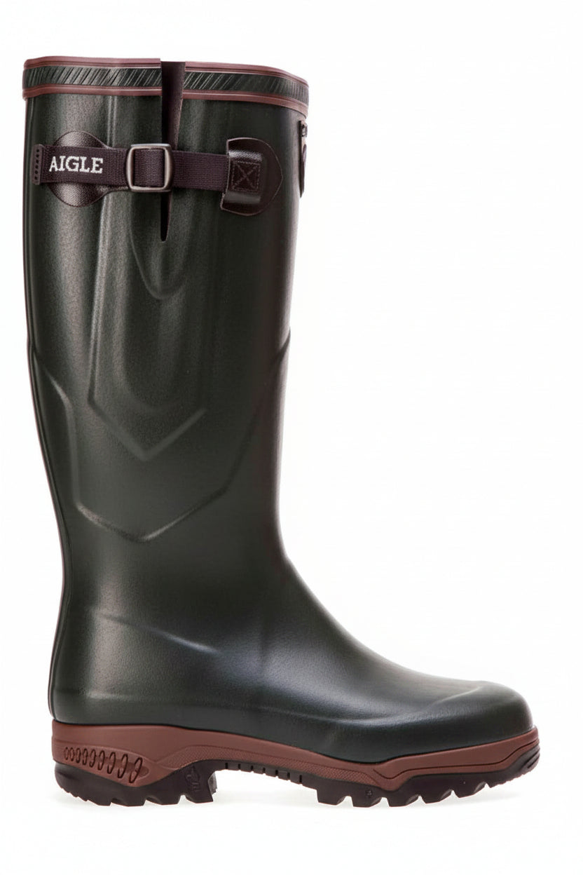 Aigle tall rubber wellington boot with buckle strap, dark green and brown outsole